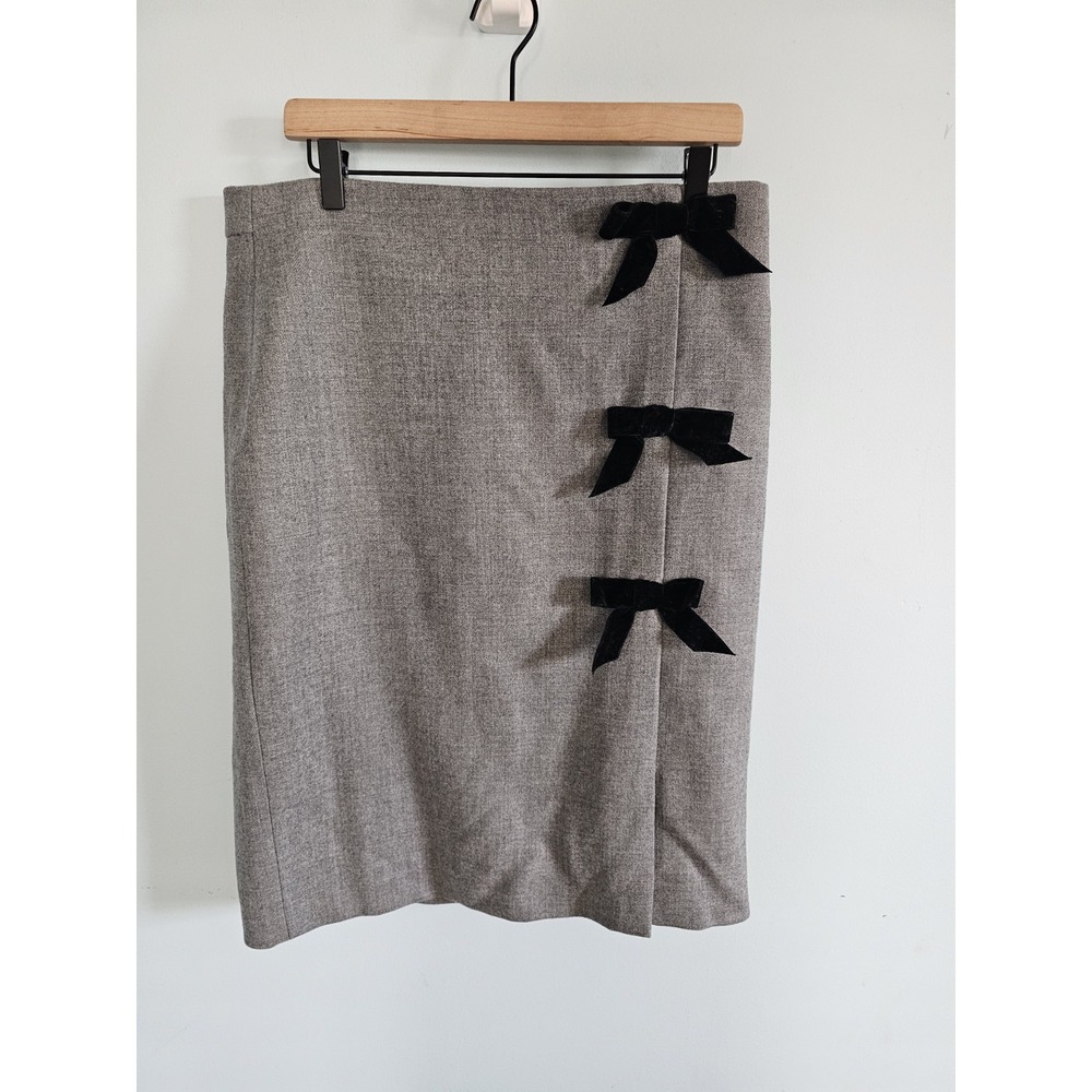 J Crew Wool Heathered Grey Wool‎ Skirt With Velvet Bows Size 14